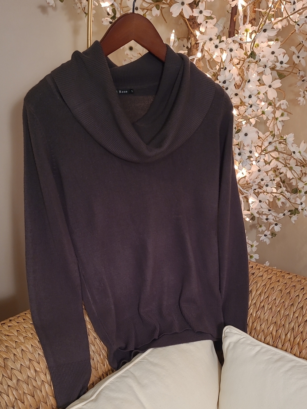 Charcoal Gray Cowl Neck Lightweight Sweater